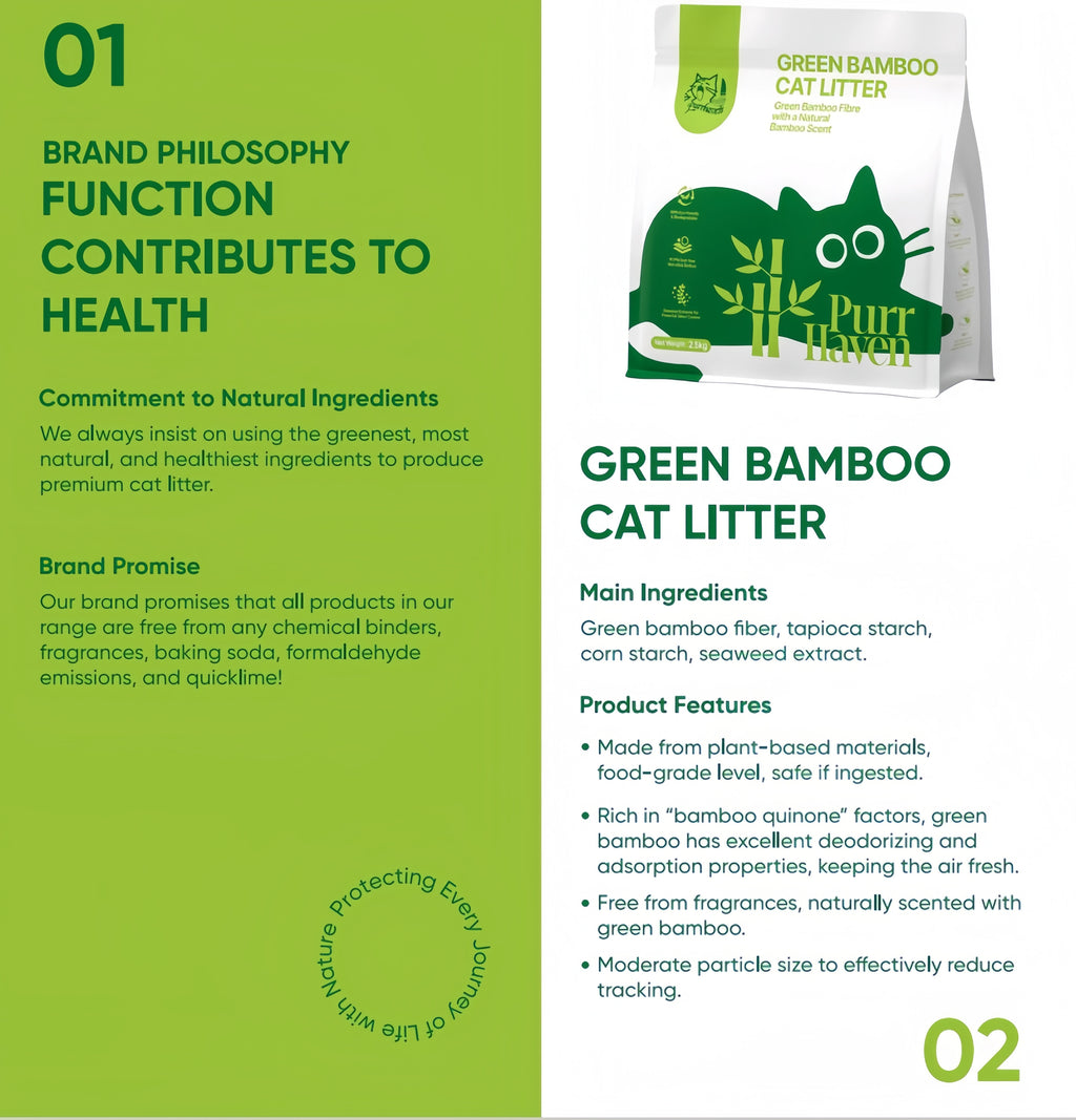 Green Bamboo Cat Litter | Natural Bamboo Quinone for Odor Control | Dust-Free, Low Tracking | Food-Grade Safe | 2.5kg
