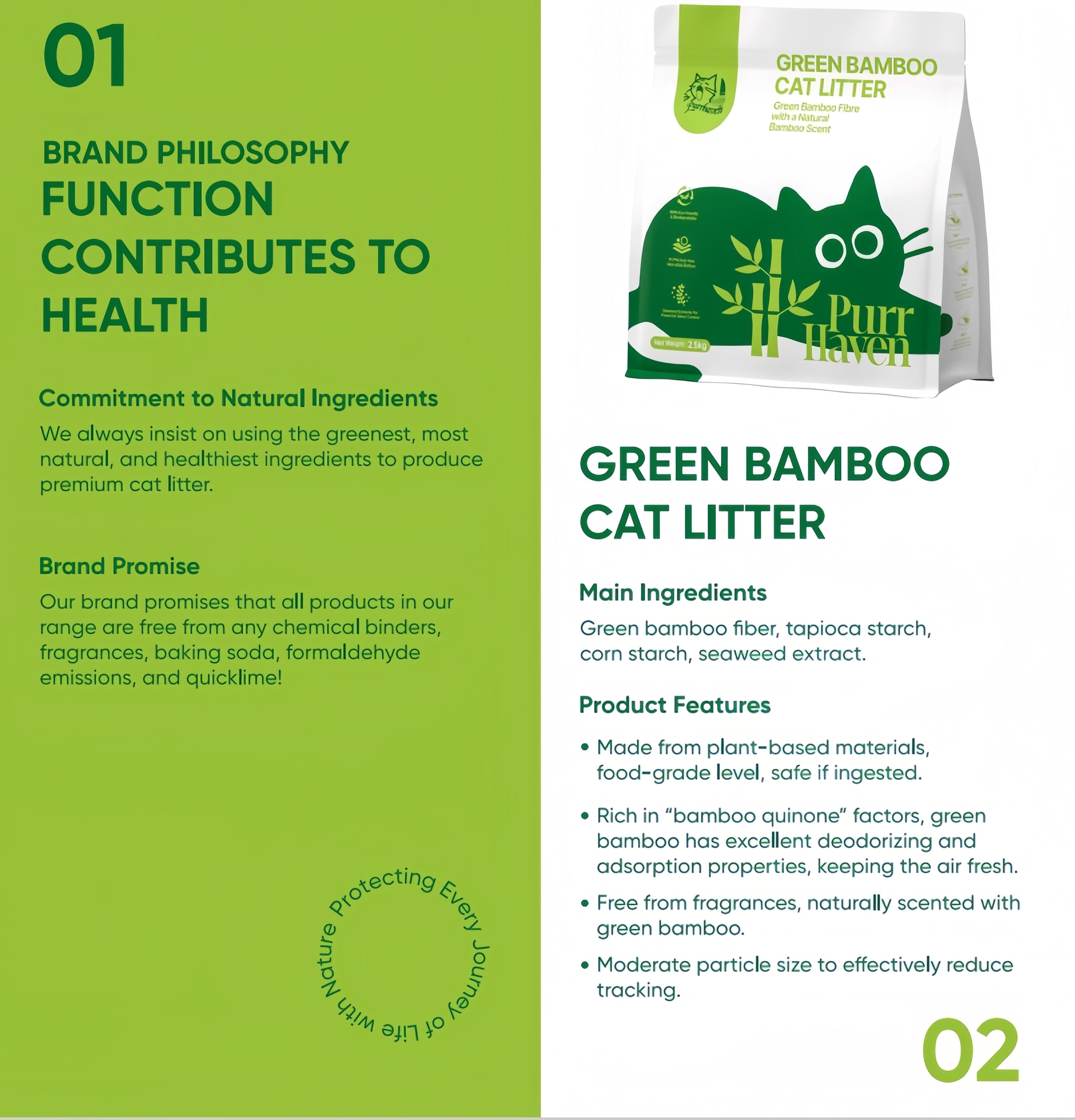 Green Bamboo Cat Litter | Natural Bamboo Quinone for Odor Control | Dust-Free, Low Tracking | Food-Grade Safe | 2.5kg