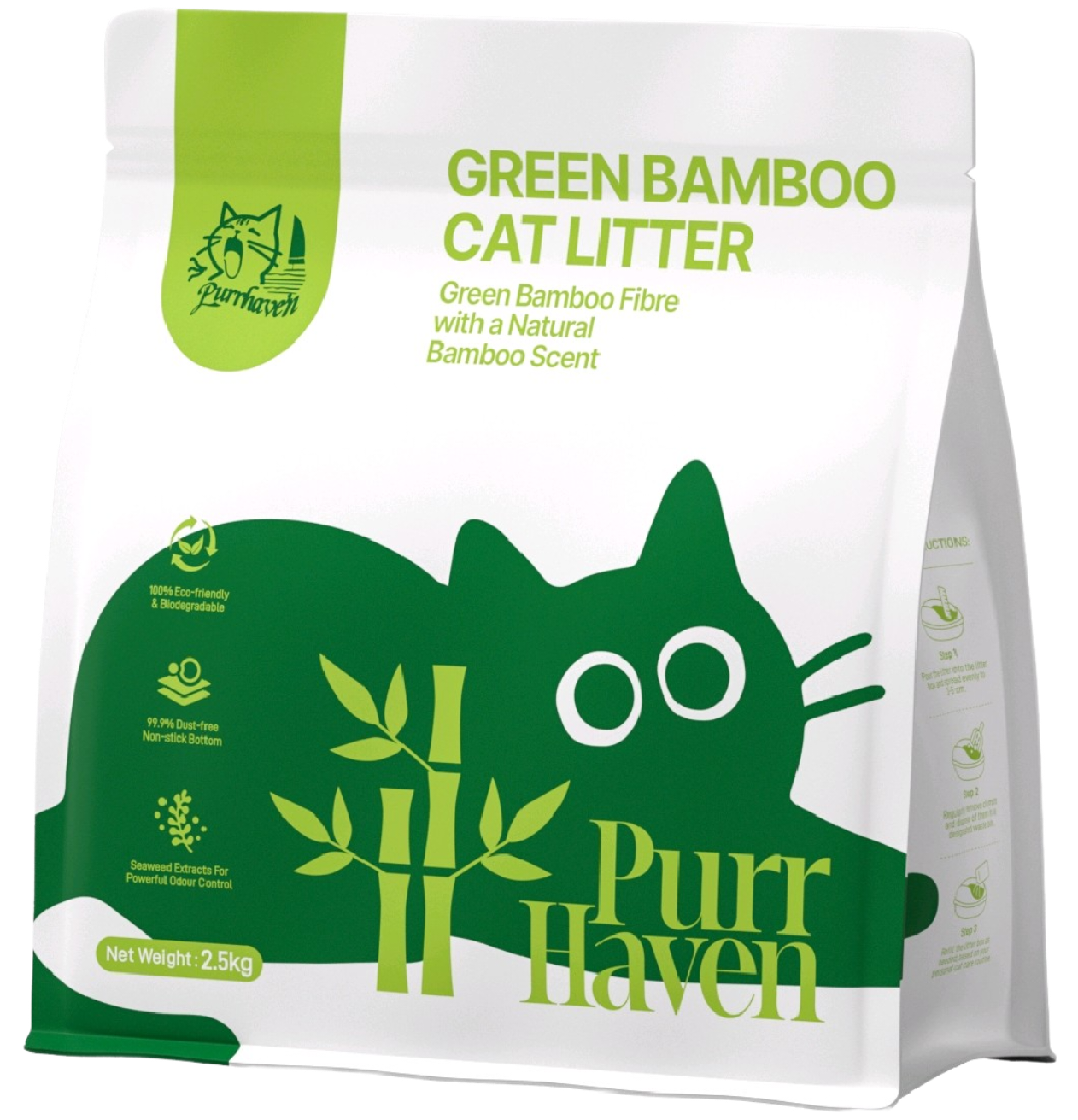 Green Bamboo Cat Litter | Natural Bamboo Quinone for Odor Control | Dust-Free, Low Tracking | Food-Grade Safe | 2.5kg