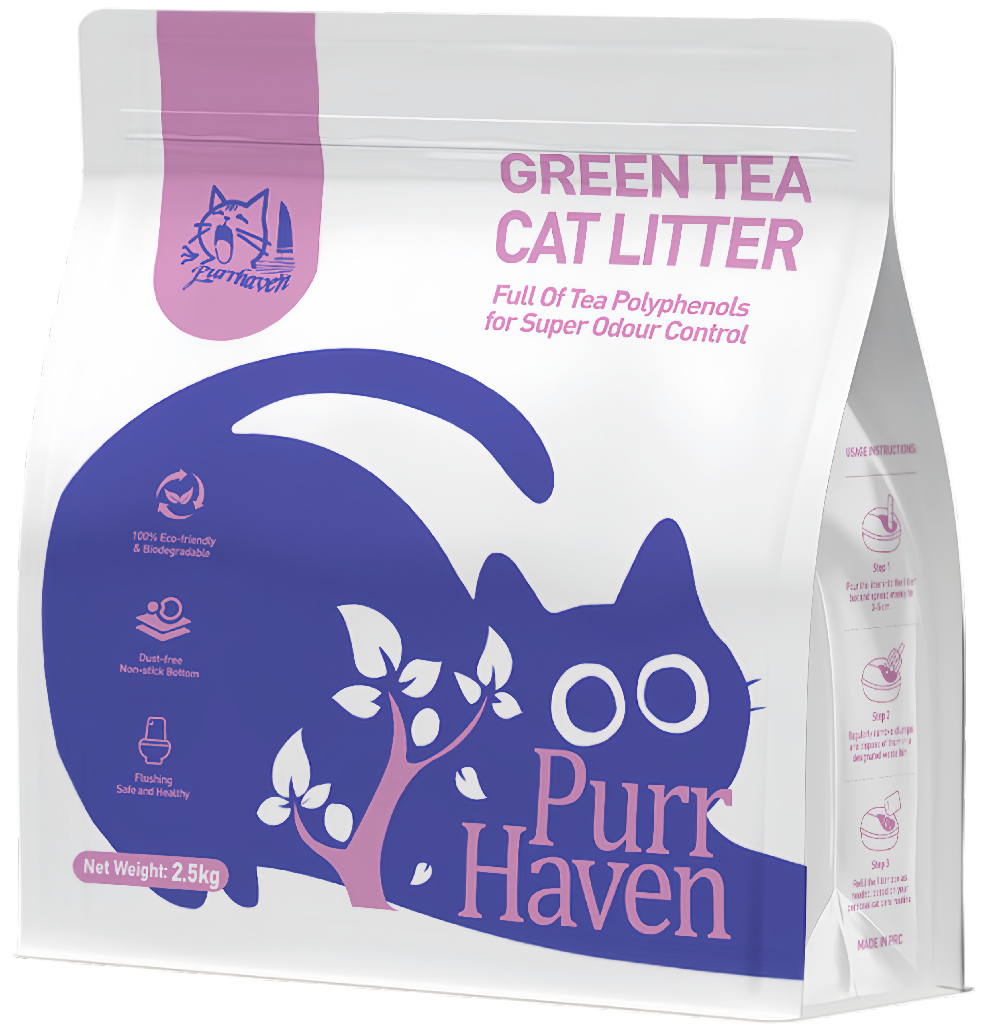 Green Tea Cat Litter | Flushable & Compostable | Natural Tea Polyphenols for Odor Control | Dust-Free, Low Tracking | Food-Grade Safe | 2.5kg